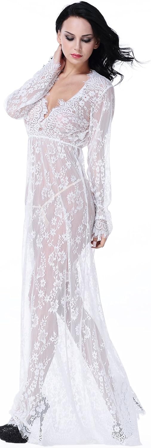 Women's Sexy See-Through Lace Babydoll Nightwear Long Gown Lingerie Dress: Clothing