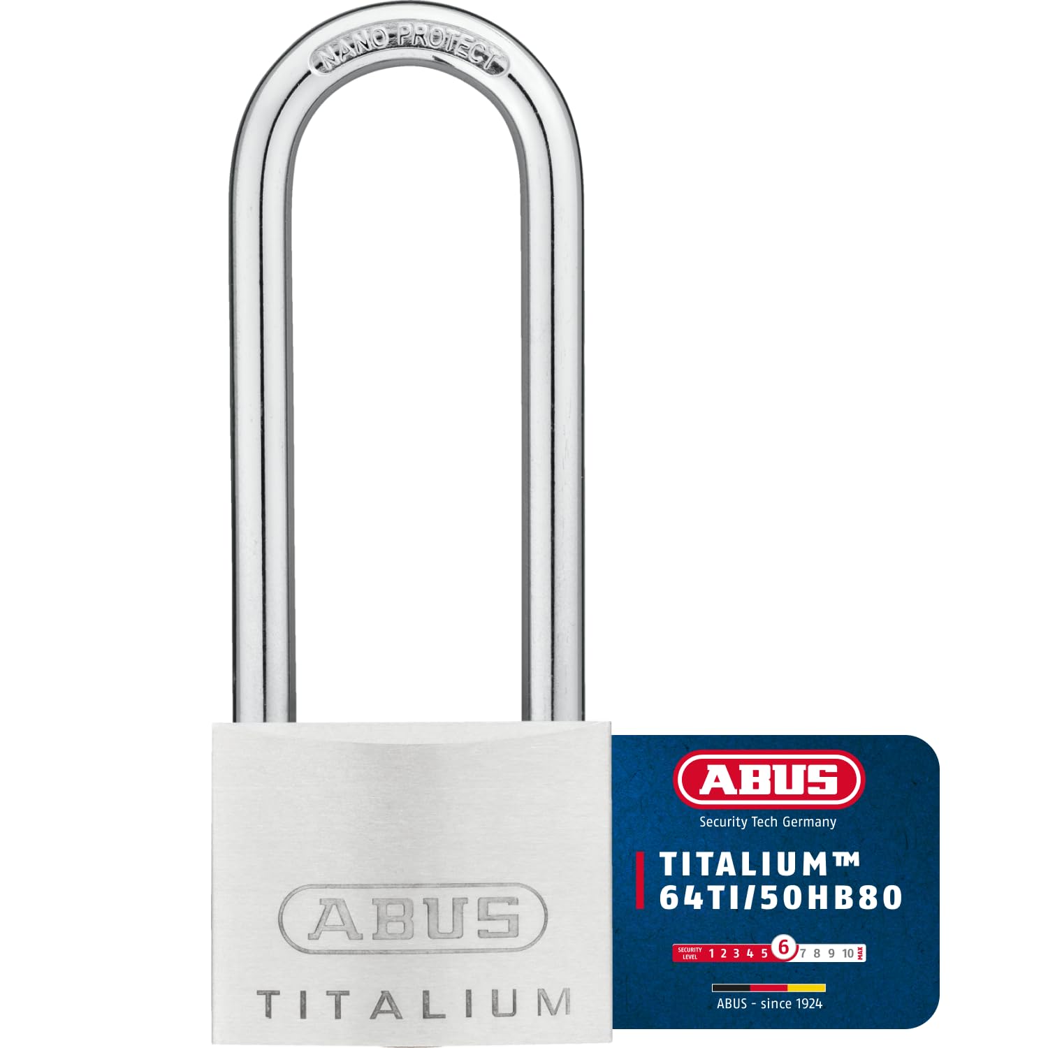 ABUS Titalium 64TI/50HB80 Padlock with high Shackle - Basement Lock with Lock Body Made of Special Aluminium - Hardened Steel Shackle - ABUS Security Level 6