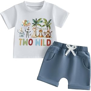 WZTYYDS Toddler Baby Boy 2nd Birthday Outfit Two Wild Safari Animal Print T-Shirt + Shorts Set 2T Birthday Clothes Summer