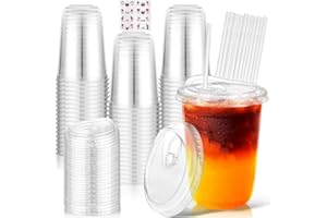 50 Pack 16 Oz Clear Plastic Cups with Lids and Straws,Ywbfove Iced Coffee Cup for Party Wedding Catering Events, to Go Cups f