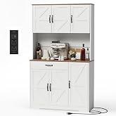 GRUSIGN 71" Pantry Cabinet with Charging Station, Large Capacity Kitchen Hutch Storage Cabinet, Kitchen Cabinet with Microwave Stand, Storage Drawers &amp; Adjustable Shelves for Dining Room, White