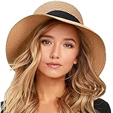 FURTALK Womens Beach Sun Straw Hat UV UPF 80+ Travel Foldable Brim Summer UV Hat