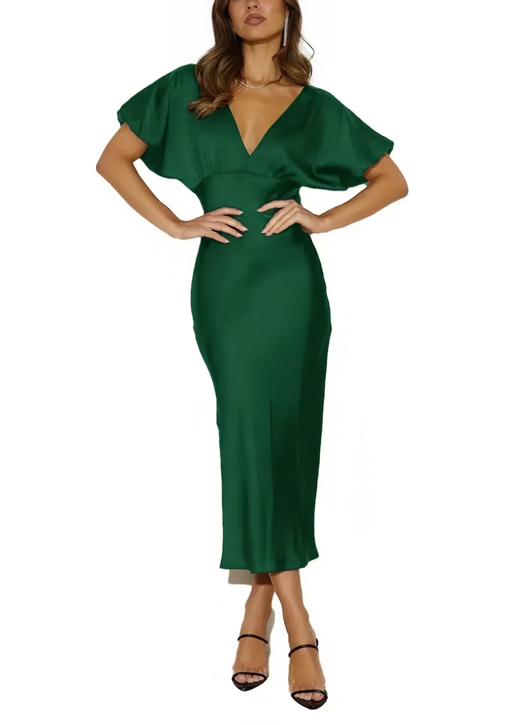 Photo 1 of Satin V Neck Puffy Sleeves Silk Midi Dresses Empire Waist Elegant Tie Back Formal Cocktail Dress for Women Wedding Guest Emerald