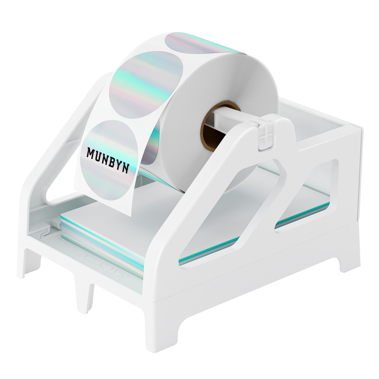 Photo 1 of MUNBYN Label Holder for Rolls and Fan-Fold Labels, Thermal Sticker Roll Holder for Desktop Thermal Printer Shipping Supplies Industrial Paper, White