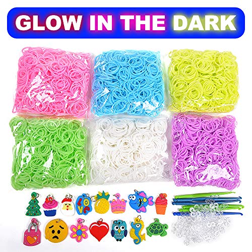 3700+ Rainbow Rubber Bands Glow in The Dark Set Included: 3600+ Premium Quality Loom Bands in 6 Colors + 100 S-Clips + 15 Lovely Charms + 6 Crochet Hooks, No Loom Board Included.