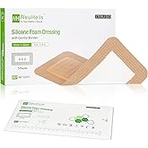 Silicone Foam Dressing with Gentle Border for Post-op Surgical Wounds 4''x8'', Absorbent Pad 2''x6'', Pack of 5, Silicone Wound Bandages for Cuts, Abrasions, Bed Sore, Pressure Ulcer