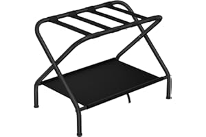 Dunatou Luggage Rack, Folding Luggage Rack for Guest Room, Upgraded Sturdy Luggage Stand with Storage Shelf Hold up to 200 lb, Luggage Holders for Suitcases Hotel Bedroom, Black