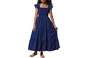 RETSUGO Girls Dresses Summer Flutter Sleeve Swing Casual Solid Color Tiered Smocked Dress 6-14 Years Old