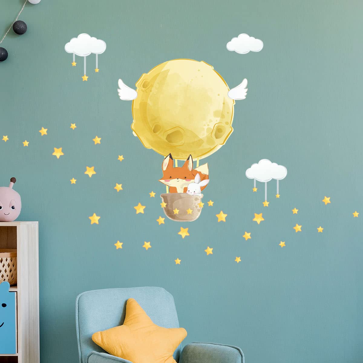 Children's Wall Stickers - Baby Room Decoration - Children's Bedroom Wall Sticker - Traveling Fox + 80 Stars - H40 x L30 cm