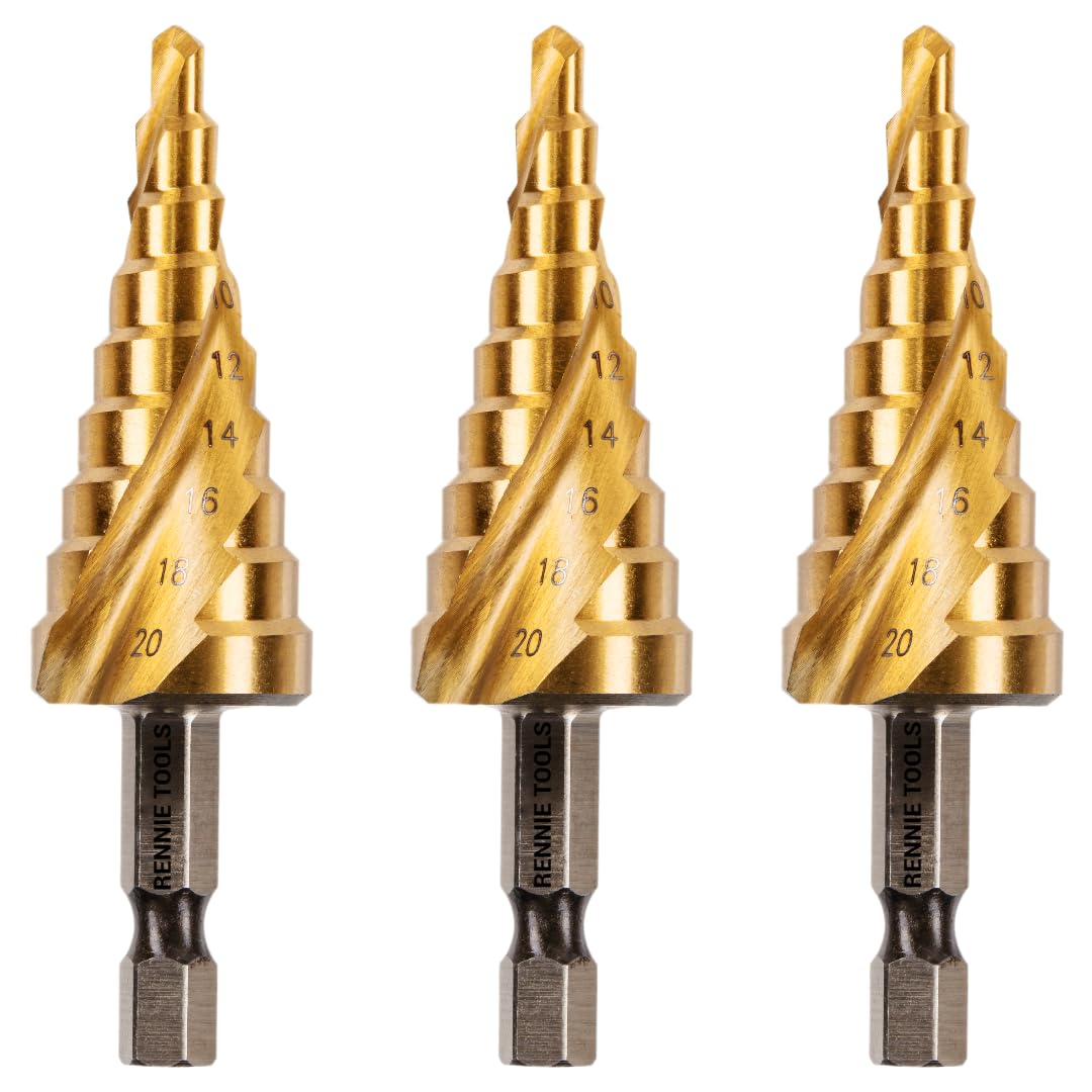 3 Pack - 4mm to 20mm Spiral Flute Step Drill Bits High Speed Steel Titanium Coated, Metric Hex Shank, HSS Tool Set for DIY Plastic Wood Steel Metal Aluminum. Cone Cutter Hole Cutter Drill Bits — image 1