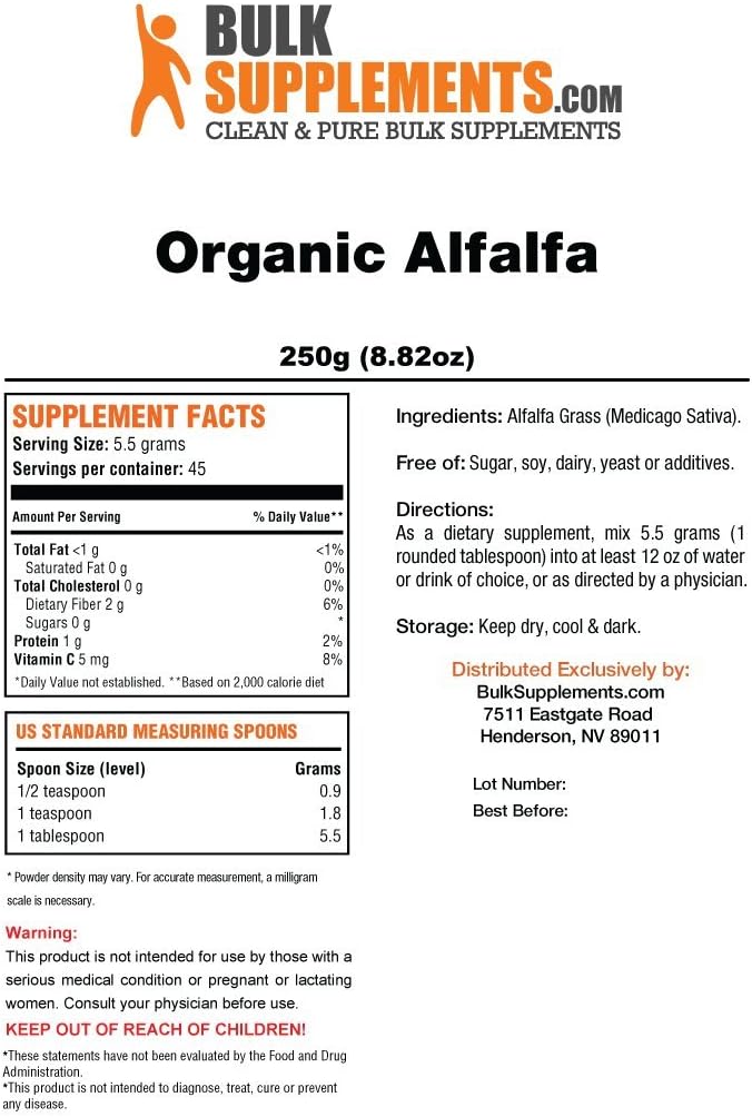 Organic Alfalfa Powder by Bulksupplements (250 Grams): Health & Personal Care