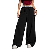WDIRARA Women's Letter Tape Drawstring Waist Wide Leg Sweatpants Athletic Workout Baggy Pants with Pockets