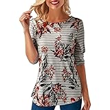 Hemlock Women 3/4 Sleeves Floral Printing Tops Blouse Tunic Spring Shirts Hollow Neck Shirts (XL, White)