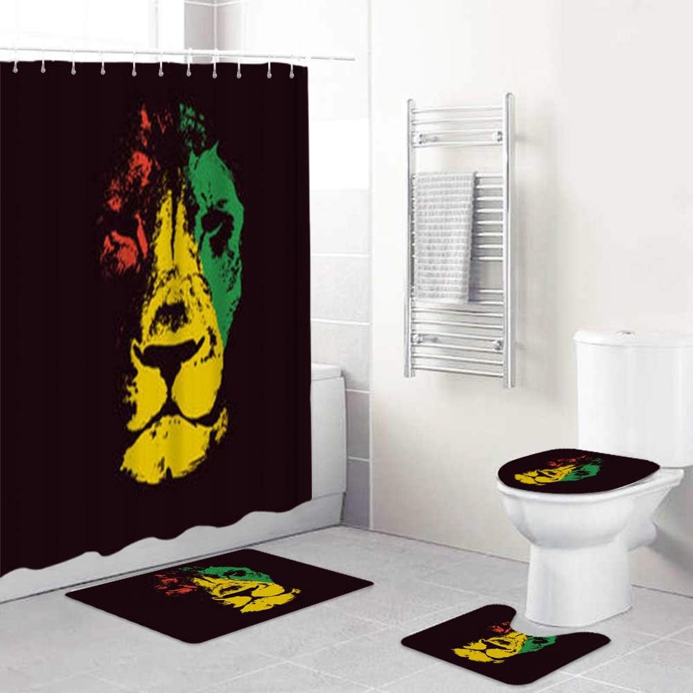 Amazon Com Covasa Shower Curtain Sets With Non Slip Rugs Toilet Lid Cover And Bath Mat Green Marley Lion Head Rasta Red Bob Waterproof Bath Curtains Hooks Included Home Kitchen