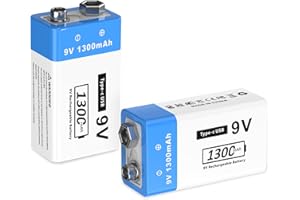 2 Pack 9V Batteries 1300mAh 9 Volt Alkaline Battery Long-Lasting Power 9v Battery for Smoke Detector with Type C Port Cable 1