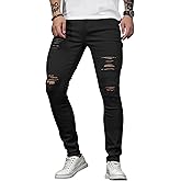 HUNGSON Men's Blue Slim Fit Jeans Stretch Destroyed Ripped Skinny Jeans Side Striped Denim Pants