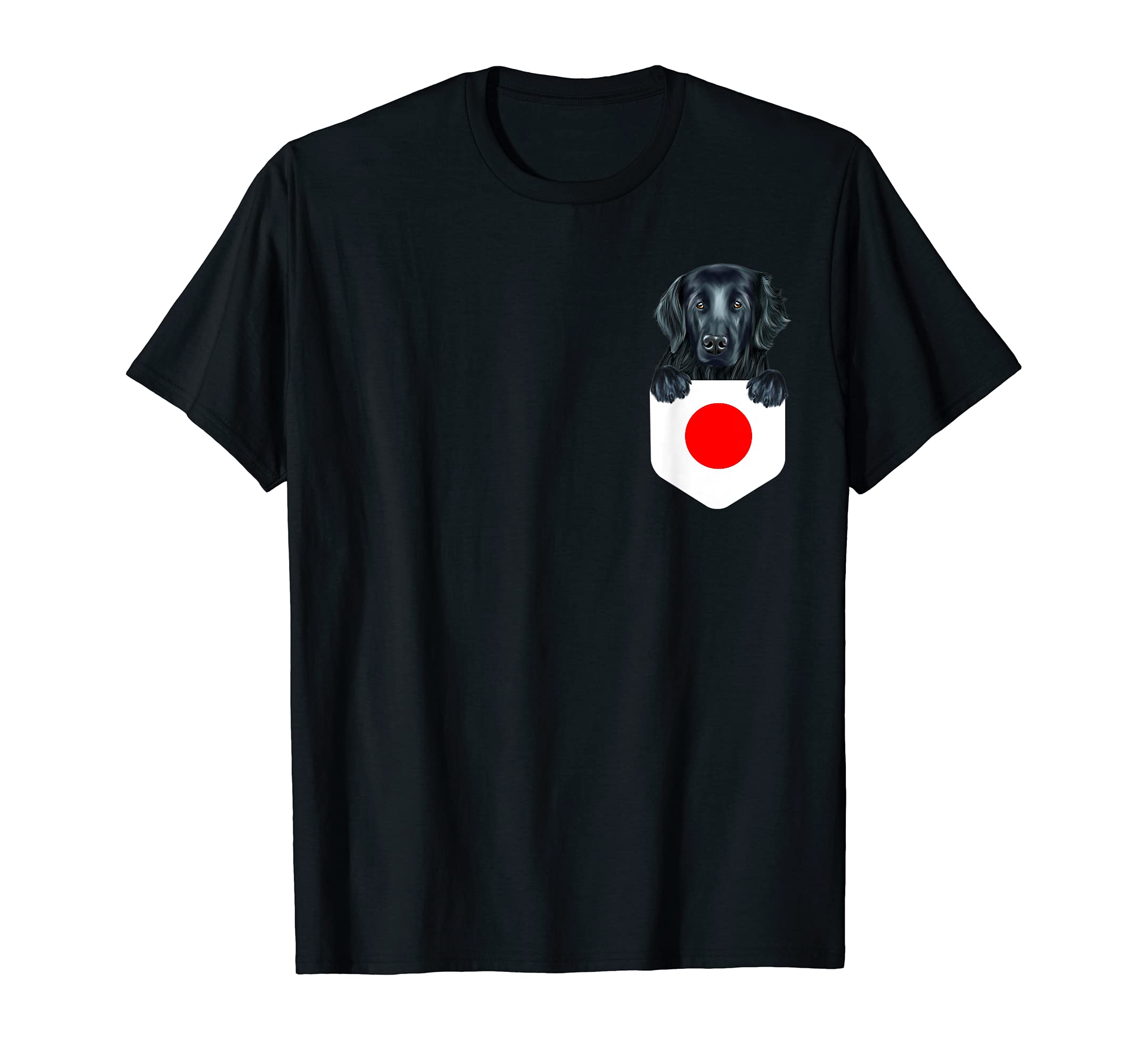 Japan Flag Flat-Coated Retriever Dog In Pocket T-Shirt