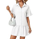 Rooscier Women's Collared Neck Ruffle Sleeve A Line Button Down Shirt Mini Dress