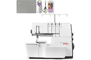 Bernette B64 Airlock Serger Overlocker with Air Threading | 1300SPM, Free Hand & Arm System, LED Light | Scissors, Rotary Cutter, Threads Bundle, Self-Healing Foldable Cutting Mat, Extension Table