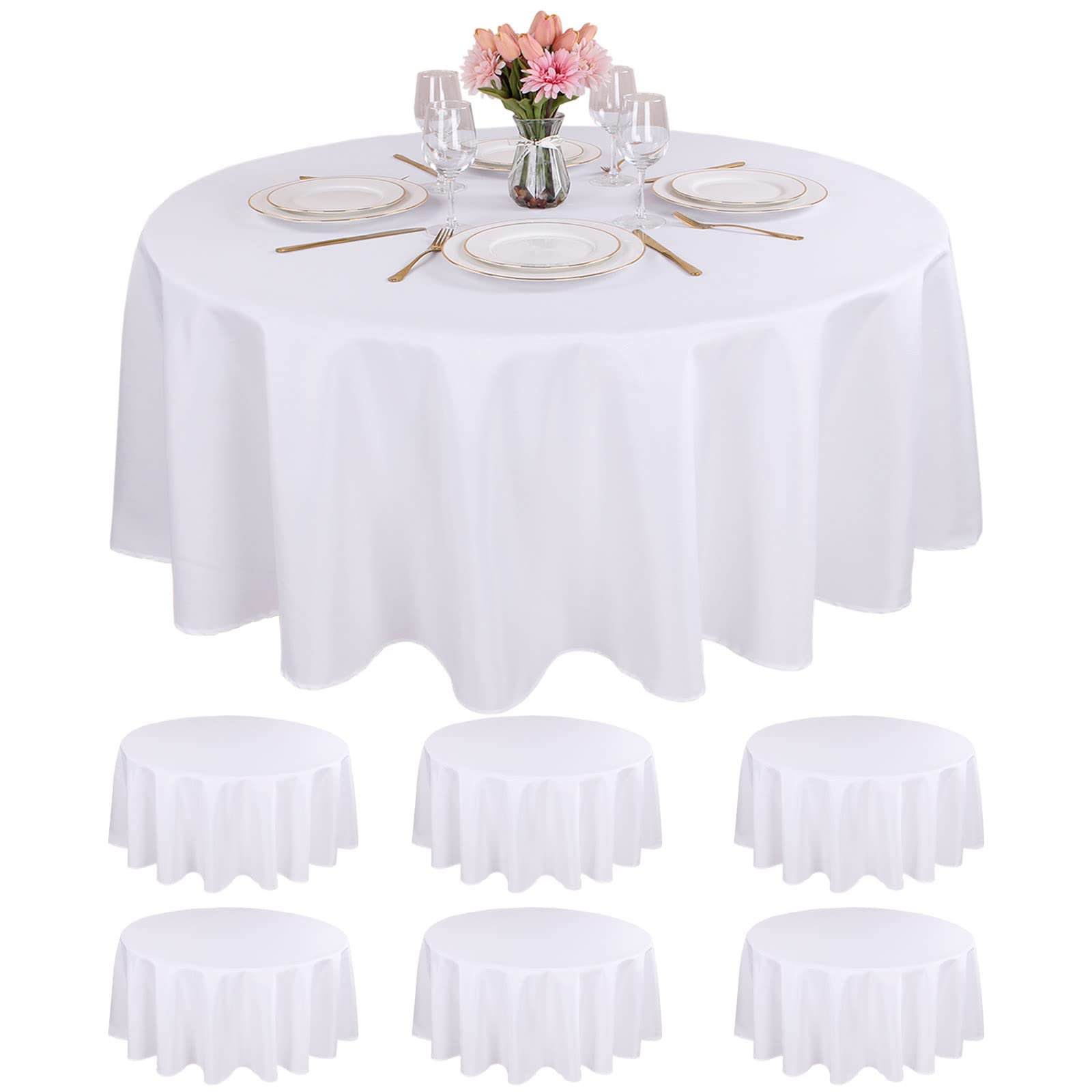Photo 1 of Kesfey 6 Packs White Round Table Cloths 90 Inch White Polyester Circle Bulk Linen Tablecloth Wrinkle Resistant Tablecloths Washable High Density Fabric Tablecovers for Wedding Camping Banquet Parties