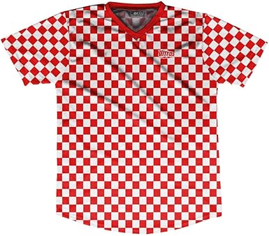 red and white checkered soccer jersey