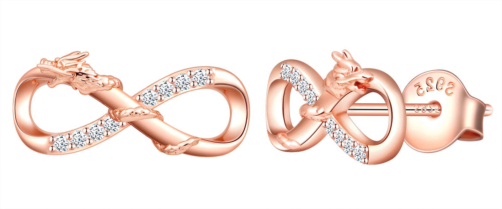 MicLee Woman's girl's Earrings, 925 Sterling silver dragon earrings, Mini infinity symbol earrings studs, Inlaid zircon, rose gold