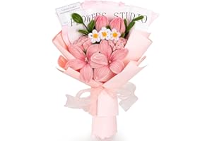 17.7inch Completed Pipe Cleaners Flowers Bouquet, Pink Handmade Pipe Cleaners Bouquet, 2 Tulip 2 Lily 2 Rose 3 Daisy 9 PCS fo