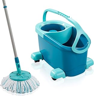 Leifheit Set Clean Twist Disc Mop Ergo 2.0 mit Rollwagen, Bodenwischer mit Mikrofaser Bezug für nebelfeuchte Reinigung auf Fliesen und Laminat, Wischmopp mit Click-System und Schleudertechnologie