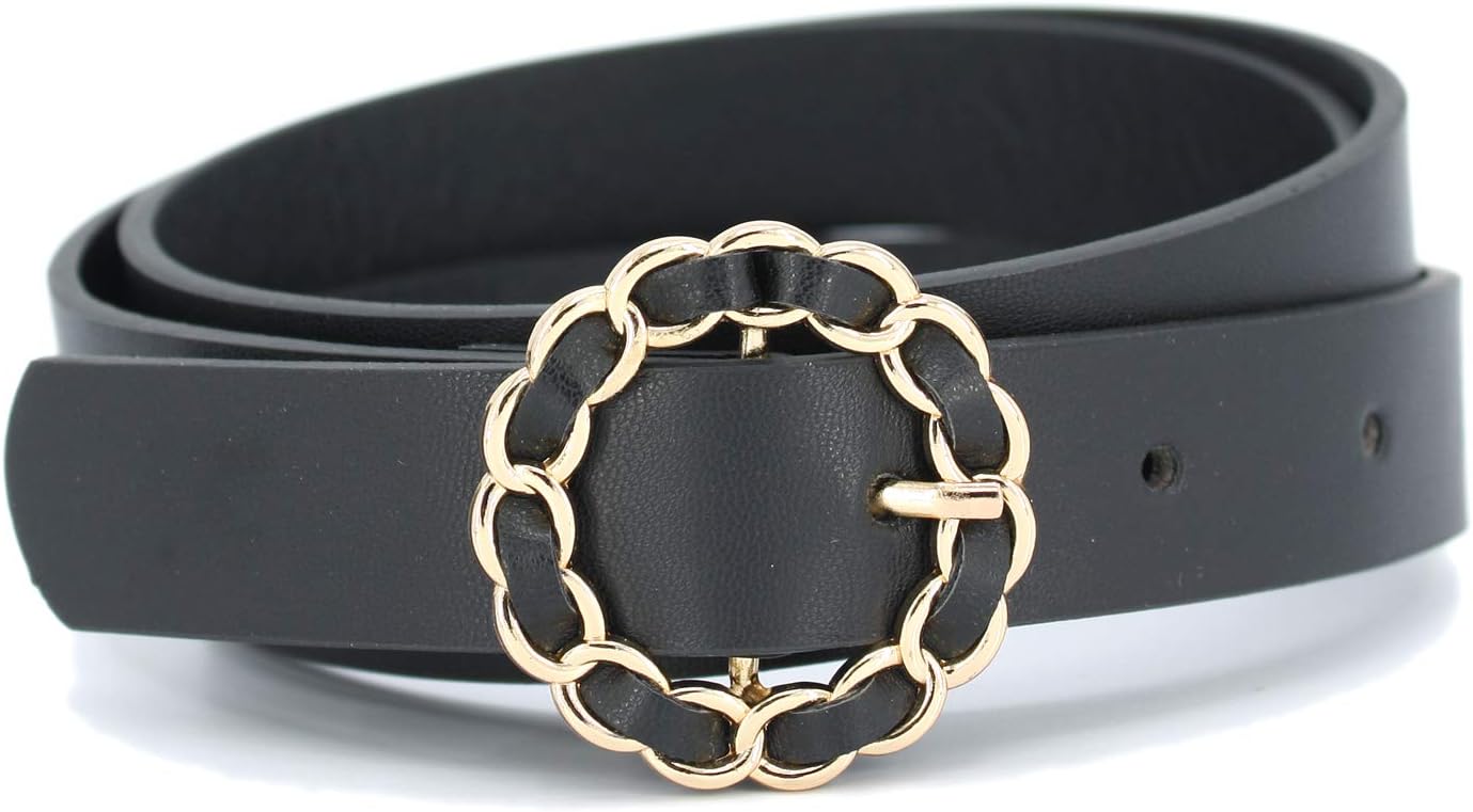 Women's Fashion Skinny Soft Faux Leather Round Buckle Belt