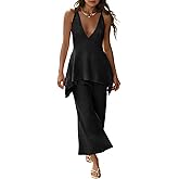 Tankaneo Womens 2 Piece Knit Sets Summer Vacation Outfits Deep V Neck Flowy Tank Tops Wide Leg Pants Sweater Matching Sets