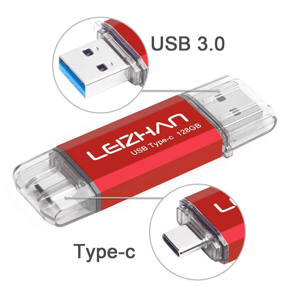 leizhan 128GB USB 3.0 Flash Drive Thumb Drives Jump Drive USB Memory Stick Type-C/USB-A 2 in 1 - Red