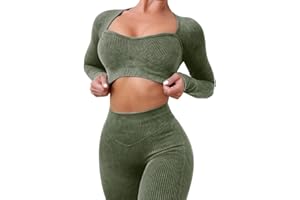 ABOCIW Workout Sets for Women Seamless Ribbed Sweetheart Neck Long Sleeve Crop Top Scrunch Butt High Wasit Legging Sets