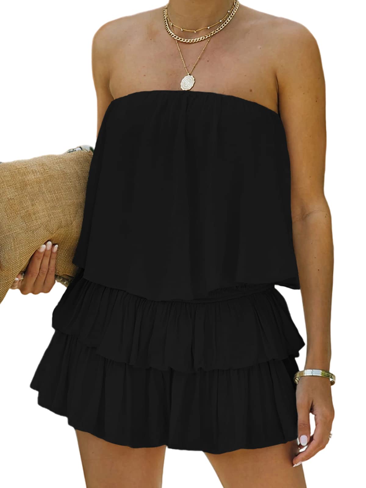 Photo 1 of MIRACMODA Women Off The Shoulder Romper Flowy Strapless Smocked Jumpsuit Playsuits Dress