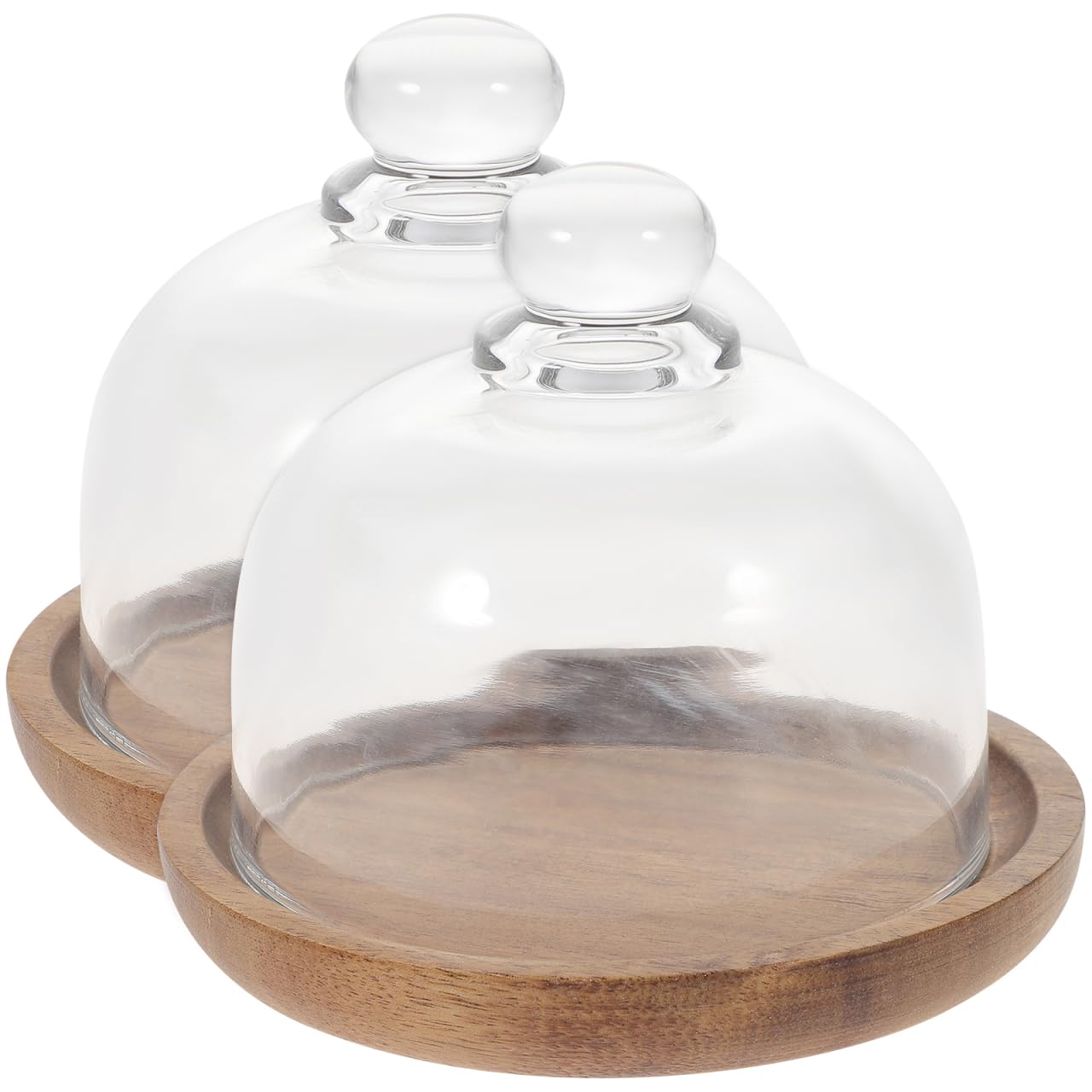 Angoily 2Pcs Cake Stand with Dome Cover, Round Cake Plate Server Platter Clear Wood Server Cake Stand with Glass Dome, 10.5x10.5cm