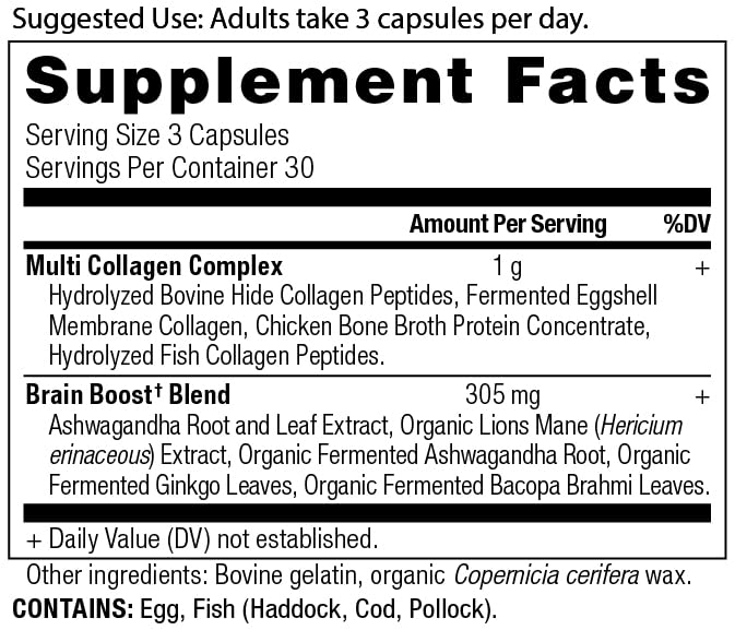 Ancient Nutrition Collagen Protein Brain Boost, Collagen Protein Capsules Brain Supplement for Reduced Joint Discomfort, Healthy Skin and Nails, 90 ct