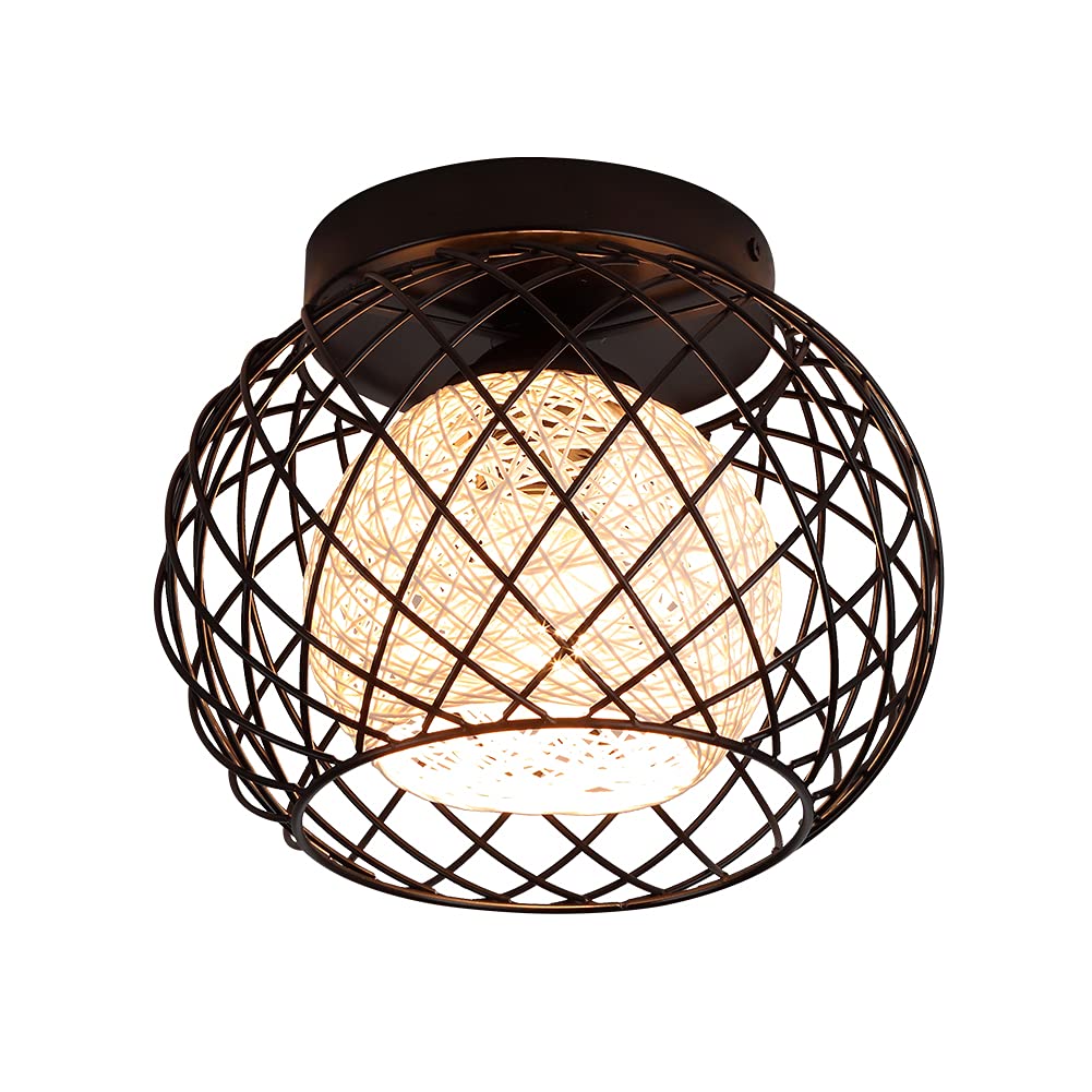WOWEWA Retro Ceiling Light,E27 Industrial Ceiling Pendant Light Fixtures Vintage Metal Rattan Lampshade,Ceiling Light Fitting Chandelier Interior for Bedroom Kitchen Restaurant Coffee Ba