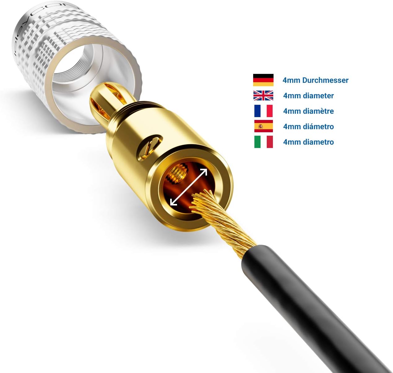 deleyCON 8x Banana Connectors Set Gold-Plated Screwable for Speaker Cables from 0.75mm - 4mm & e.g. HiFi Receivers - Image 4