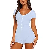 LEEDYA Women's Short Sleeve Rompers Summer V Neck Casual One Piece Shorts Jumpsuit Bodycon Pajama Set Onesie Sleepwear