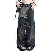 XKBHYD Baggy Jeans for Woman Star Patchwork Denim Pants High Waisted Wide Leg Trousers Y2k Streetwear