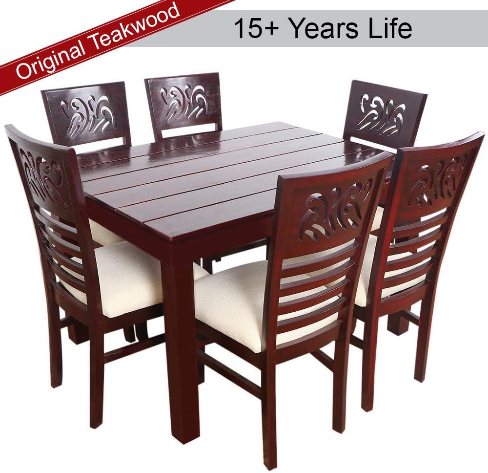 Furny Montoya Solid Wood Dining Table Set 6 Seater (Teak Wood)