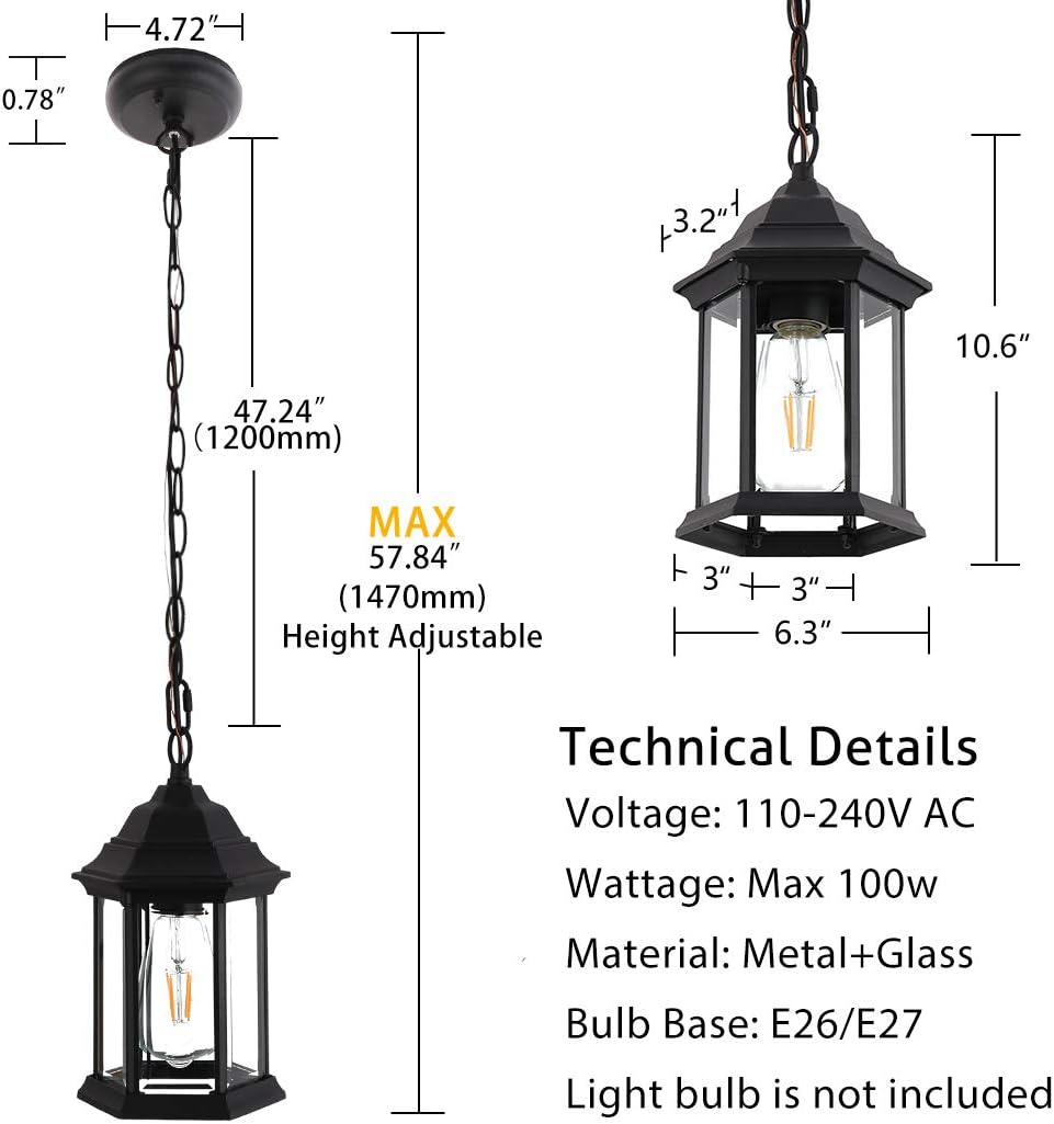 Download 1 Light Exterior Hanging Lantern For Porch Entrance Black Finish With Clear Glass Joollysun Outdoor Pendant Light Tools Home Improvement Porch Patio Lights Sailingschool Pl