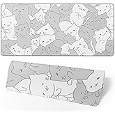 White Kawaii Cats E-Sport Mouse Pad Large Desk Mat Non-Slip Rubber Base Stitched Edge Keyboard Mouse Pad for Office Home E-Sport Computer Laptop, 31.5×11.8 Inches