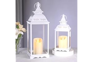 HAVITI 2 Pack Lanterns Decorative Indoor, White Farmhouse Outdoor Lantern for Porch, 17'' 12'' Floor Lantern Decor (no Glass) with 2PCS LED Flameless Candles for Wedding Home Table Front Door