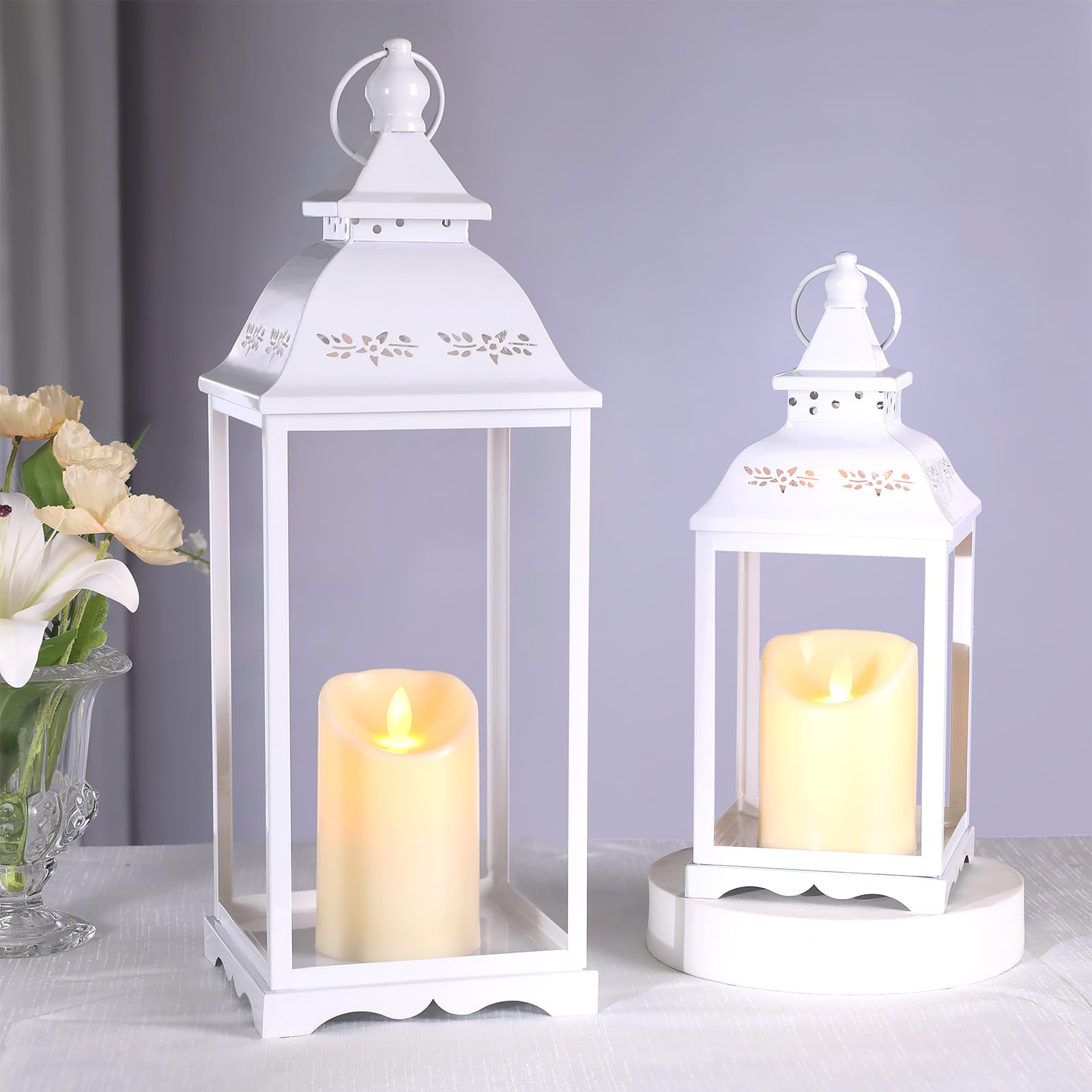 Photo 1 of HAVITI 2 Pack Lanterns Decorative Indoor, White Farmhouse Outdoor Lantern for Porch, 17'' 12'' Floor Lantern Decor (no Glass) 