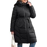 Geschallino Women Puffer Jacket Plus Size Long Parka Belted Winter Warm Hood Coat
