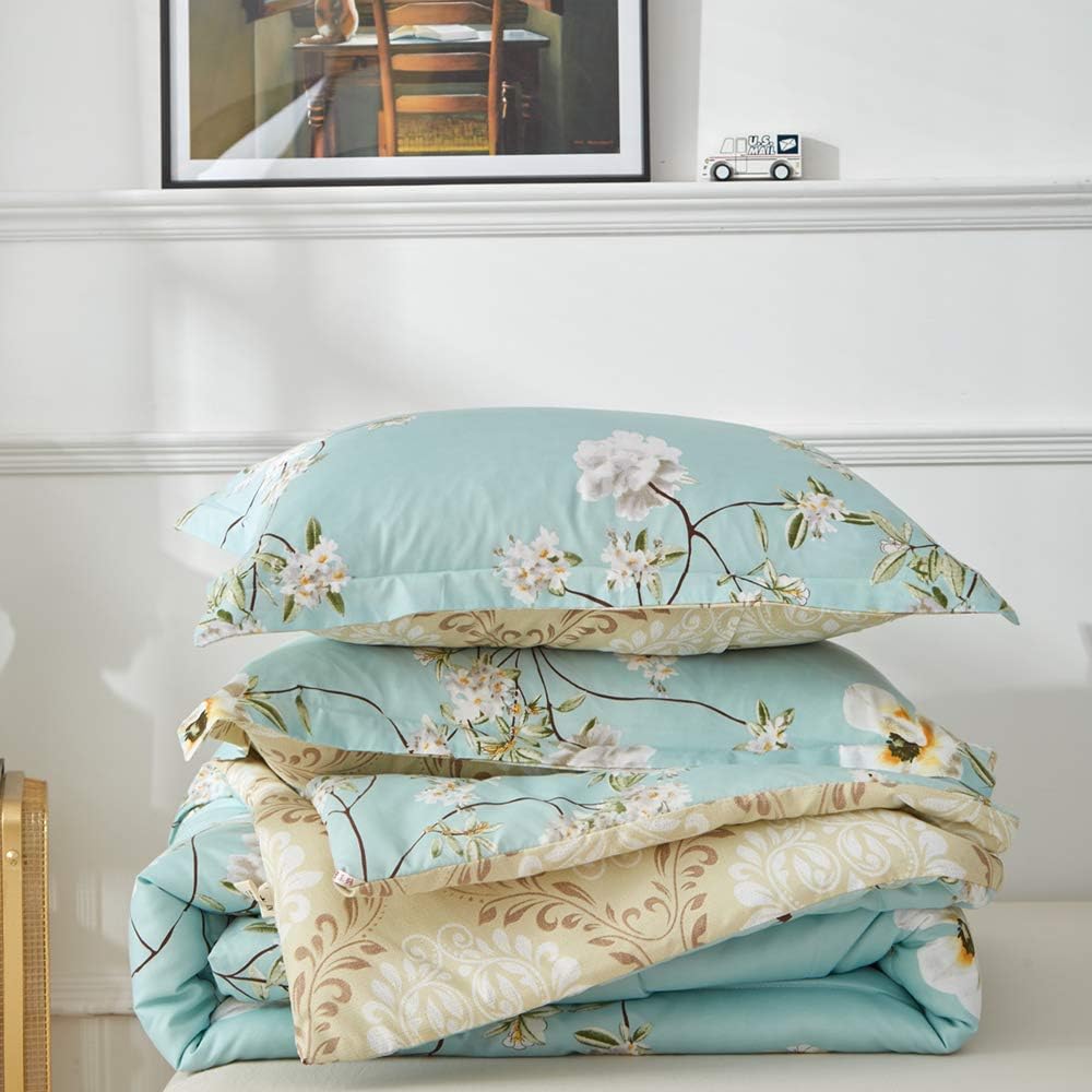 Joyreap 3pcs Floral Comforter Set, Soft Microfiber Comforter for All Season, Elegant White Flower Printed on Blue Reversible Design (King, 102x90 inches): Home & Kitchen