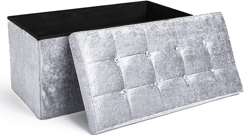 Home Republic Large Faux Leather Ottoman Storage Box Crushed Velvet Silver Grey