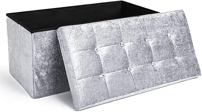 Home Republic Large Faux Leather Ottoman Storage Box Crushed Velvet Silver Grey