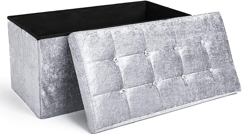 Home Republic Large Faux Leather Ottoman Storage Box Crushed Velvet Silver Grey