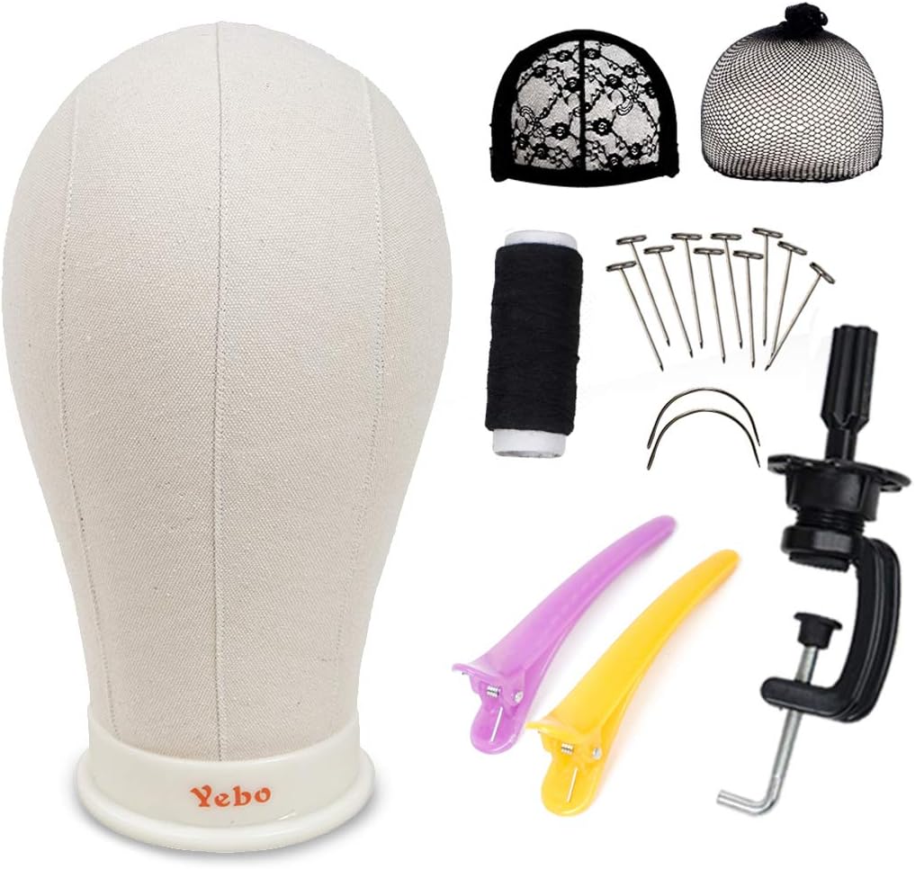 YEBO 21 Inch Canvas Head Polyurethane Block Wig Mannequin Head for Display Style With Mount Hole